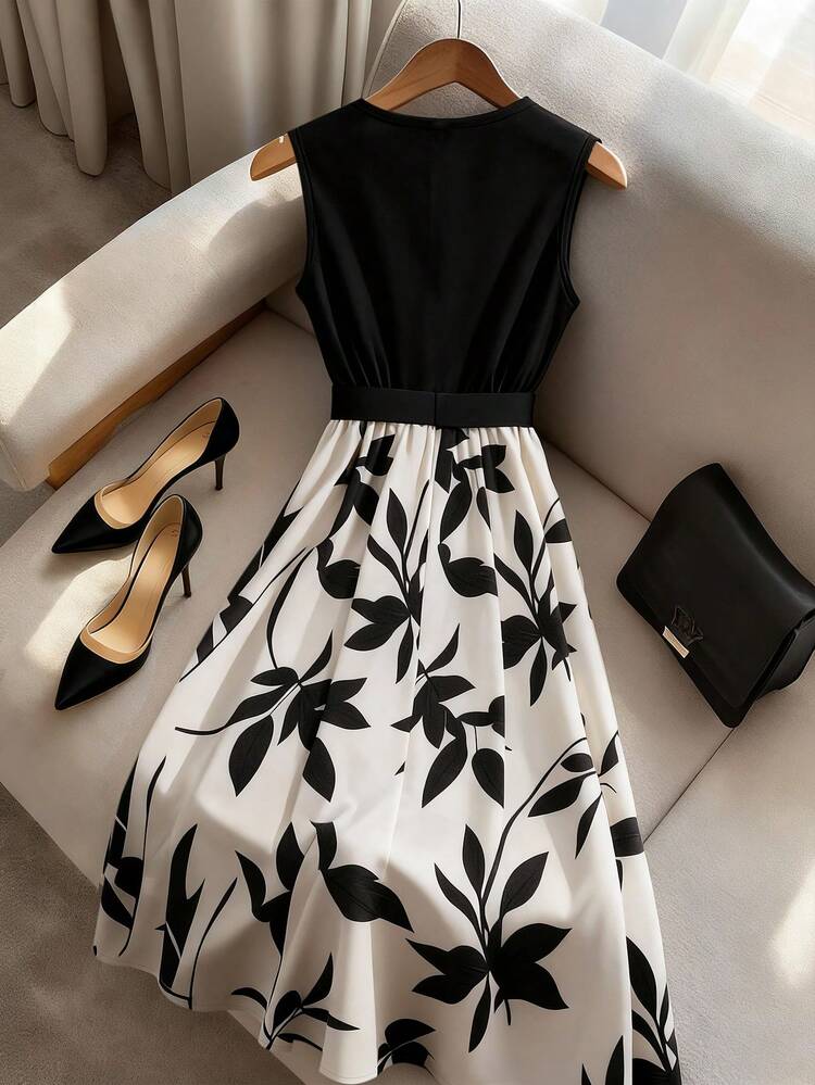 GlowEve Robe mi-longue sans manches à imprimé floral noir et abricot, patchwork, avec boucle métallique à motif feuille, col asymétrique, taille cintrée, élégante, décontractée, idéale pour les vacances, les sorties, les rendez-vous, le style vintage et polyvalent, parfaite pour le printemps/l'été - Multicolore - Voir 2