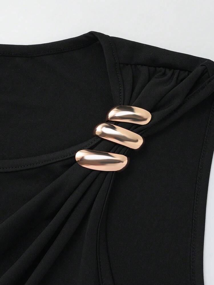 GlowEve Robe mi-longue sans manches à imprimé floral noir et abricot, patchwork, avec boucle métallique à motif feuille, col asymétrique, taille cintrée, élégante, décontractée, idéale pour les vacances, les sorties, les rendez-vous, le style vintage et polyvalent, parfaite pour le printemps/l'été - Multicolore - Voir 4