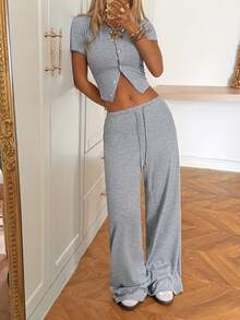 SHEIN EZwear Bộ áo croptop và quần màu xám nhạt cài cúc phía trước dành cho nữ. - Màu Xám nhạt - Xem 5