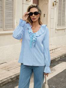 Pariaura 2025秋季新款女士V领系带格纹叠层装饰衬衫，法式优雅套头衫，长袖弹力荷叶边袖口，适合工作和休闲场合，女士秋冬新款时尚衬衫 - 藍色 - 查看 7