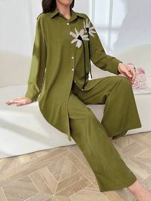 Mulvari 2件套女士3D立体花卉装饰衬衫和裤子套装 - 綠色 - 查看 5