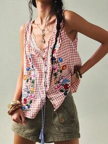 SoleilVie 女士粉色格子刺绣衬衫 - 无袖方领流苏系带前襟花卉刺绣夏季衬衫 - 粉色 - 查看 4