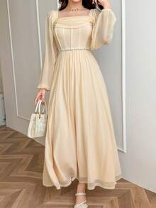 女士纯色方领长袖人字纹饰边优雅连衣裙 - 杏色 - 查看 5