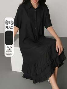 DAZY Women's Elegant Ruffled Collar Loose Mid-Length Dress Summer Sun Dresses For Women - Black - View 3
