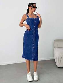 EURMUSE Slant Pocket Button Front Overall Denim Midi Dress - Dark Wash - View 4
