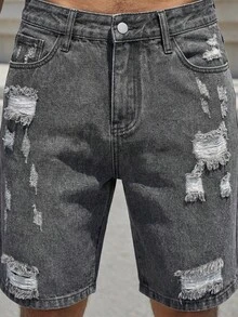 Manfinity Roughcore 男士休闲做旧直筒牛仔短裤，深灰色，春夏街头风 - 深灰色 - 查看 3