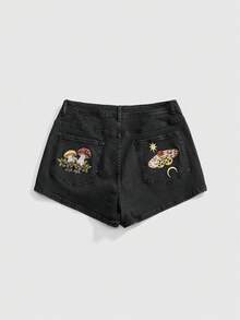 Fairycore Quần short denim cỡ lớn thêu hình nấm đen. - màu đen - Xem 2