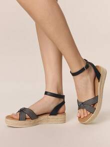 Styleloop Women's Platform Wedge Sandals, Woven Fabric Upper, Rope Wrapped Heel, Criss-Cross Strap Design, Vacation Style Essential, Boho Chic, Music Festival, Party Outfit, American Retro, Holiday Wear, Travel Must-Have Vacation Outfits Travel Essentials - Black - View 1