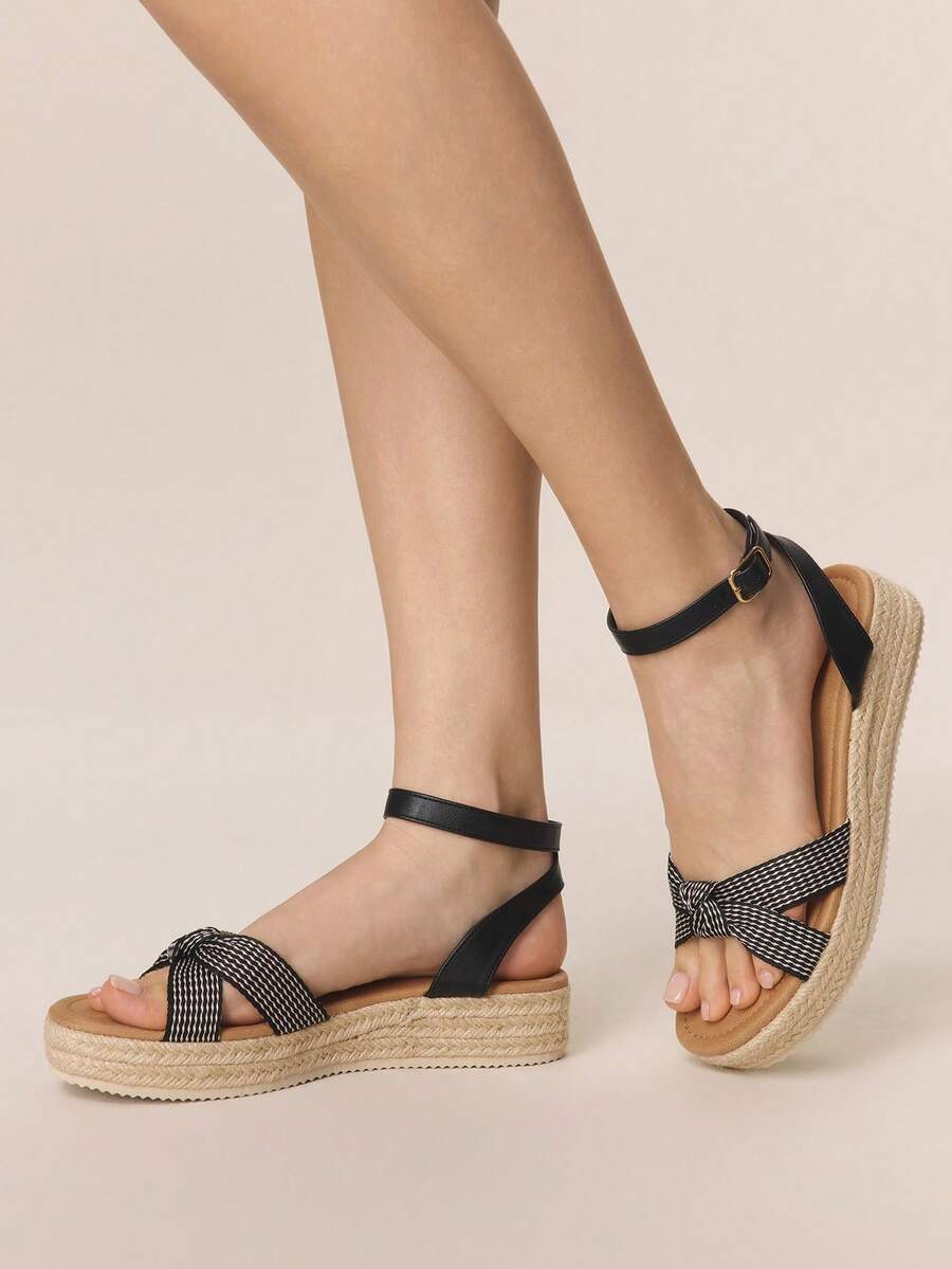 Styleloop Women's Platform Wedge Sandals, Woven Fabric Upper, Rope Wrapped Heel, Criss-Cross Strap Design, Vacation Style Essential, Boho Chic, Music Festival, Party Outfit, American Retro, Holiday Wear, Travel Must-Have Vacation Outfits Travel Essentials - Black - View 1