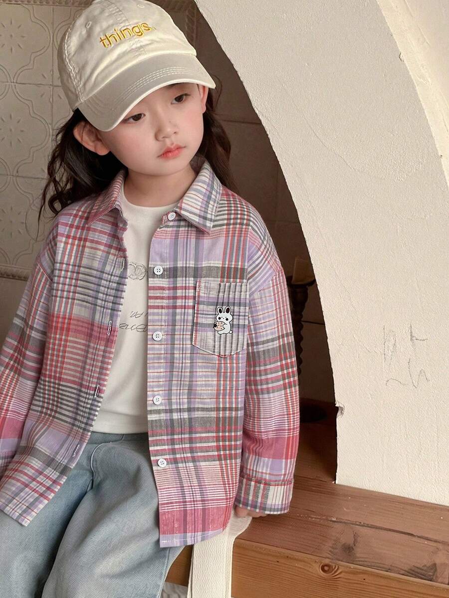 Dazy Kids Kemeja Lengan Panjang Motif Kotak-kotak Kartun Kasual untuk Anak Perempuan, Musim Gugur/Semi - MultiWarna - View 1