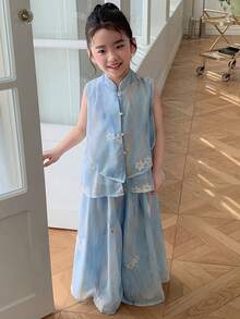 DAZY Bộ quần áo mùa thu cho bé gái, áo không tay thêu và quần short 2 món thời trang cho bé gái. - Màu xanh lam - Xem 6