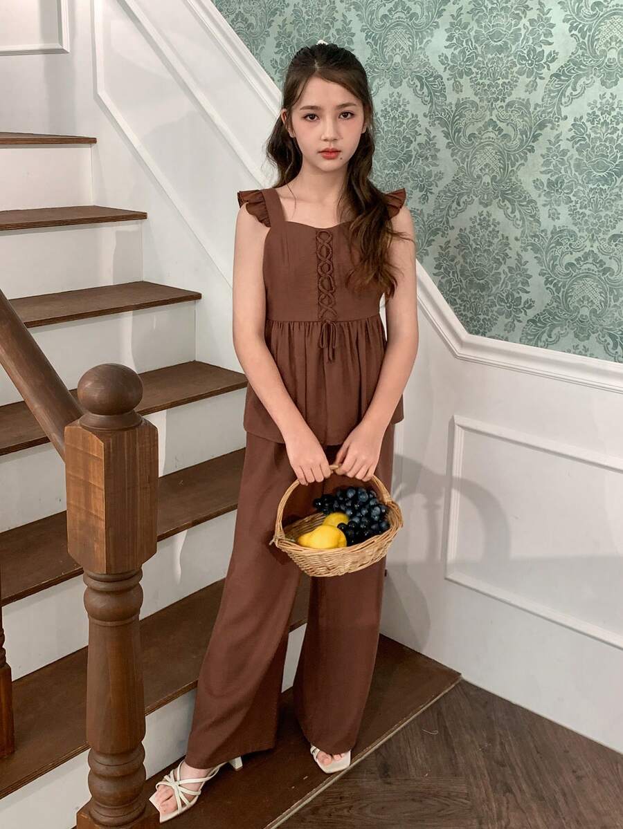DAZY Tween Girl Solid Color Ruffle Hem Blouse And Pants Set - Brown - View 1