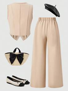 Sparklyn 2pcs/Set Tween GirlsWoven Solid Color Sleeveless Open Front Cropped Vest Jacket Paired With Wide Leg Pants Set, Decorative Bow Accent, Suitable For Spring, Summer, Autumn Casual Wear - Khaki - View 2