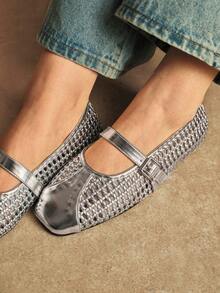 Rosivie 女士休闲编织方头舒适玛丽珍平底鞋 - 銀色 - 查看 2