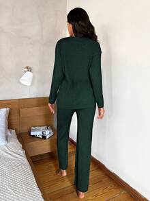 EURMUSE Slogan Ribbed Knit Lounge Set - Dark Green - View 2