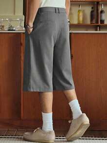 SWAVVY Men's Solid Color Straight Loose Fit Shorts With Belt Loops, Versatile & Minimalist - Grey - View 2
