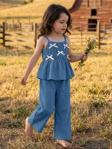 SHEIN LMoss Kids 两件套女童纯色梭织吊带背心和长裤套装 - 黑與白 - 查看 5