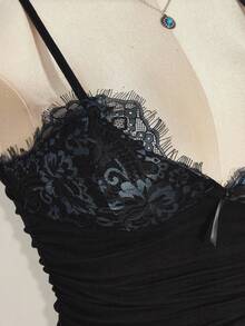 SHEIN ICON Contrast Lace Ruched Y2k Cami Top - Black - View 9