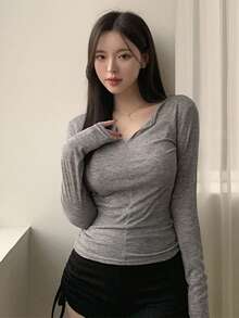 DAZY 女式修身透视长袖T恤，秋季服装 - 灰色 - 查看 4