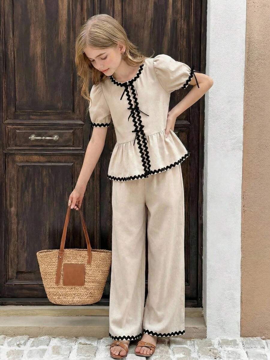 SHEIN Bộ đồ 2 món cho bé gái tuổi teen: áo tay cánh hoa phối màu tương phản và quần ống rộng. - Màu be - Xem 1