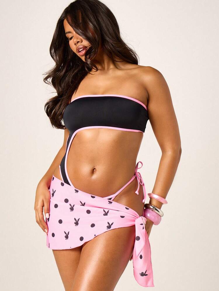 Missguided x Playboy Women's Mesh Printed Sarong Cover Up Beach Pool Resort Vacation Poolside Summer Tropical Pattern Tie Side Wrap Around