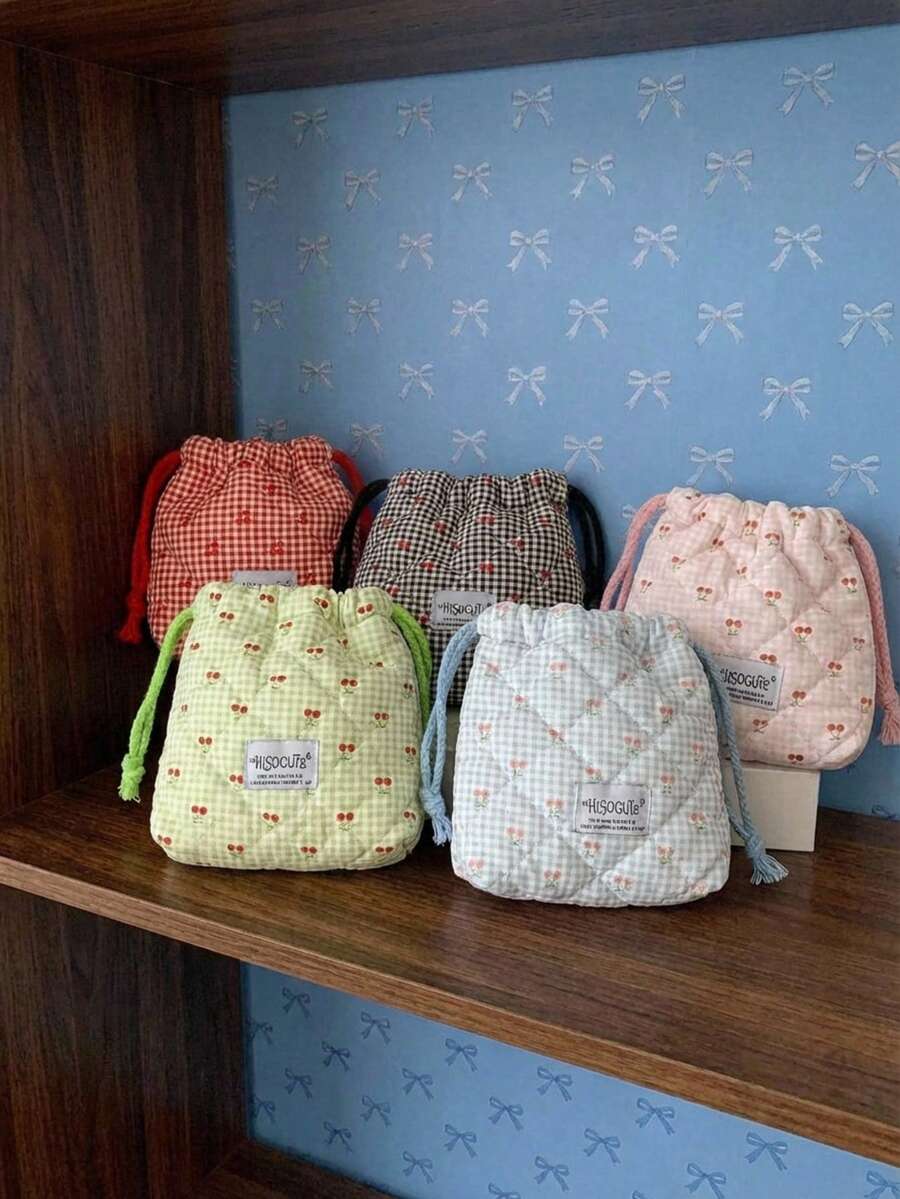 Joivida 1个可爱樱桃抽绳化妆包卡通旅行收纳袋，可存放洗漱用品配件，便携式化妆包 - 彩色 - 查看 1