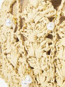 Maija 女士手提包，草编包，珍珠装饰，海洋主题饰品，时尚，优雅，简约，个性，百搭，适合海滩、度假、假日、夏季、海边、沙滩派对 - 米色 - 查看 7