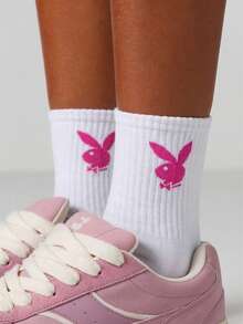 Missguided x Playboy Vớ cổ cao gân sọc dành cho nữ, in hình logo thỏ hồng, màu trắng, kiểu dáng thoải mái thường ngày. - Màu hồng trắng - Xem 2