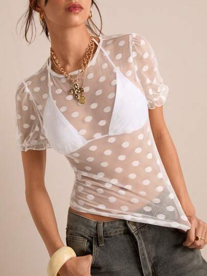 Easelle White Mesh Polka Dot Round Neck Short Sleeve Blouse For Women Boho Chic Music Festival  Summer Party Beach Outfits For Women Vacation Going Out