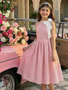 Tween Girls'Elegant Commuter Princess 3D Bowknot Sleeveless Waist Cinched Blue Floral Jacquard Dress,Dusty Pink,Summer,Elegant,Party For Vacation - Blue - View 3