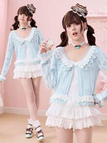 ROMWE Kawaii Cute Ruffled Dual-Layer Heart & Butterfly Hollow Out Cardigan For Women - Mint Green - View 9