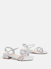 CUCCOO TILAWA Women's Square Toe Silver Rhinestone Decor Ankle Strap Low Heel Versatile Fashion Dress Sandals Summer Shoes - Silver - View 6