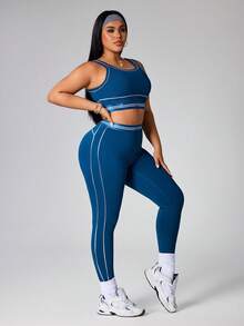 Rhythm Era Plus Size 2pcs Contrast Trim Women Sports Bra And Leggings  Set - Dark Green - View 6