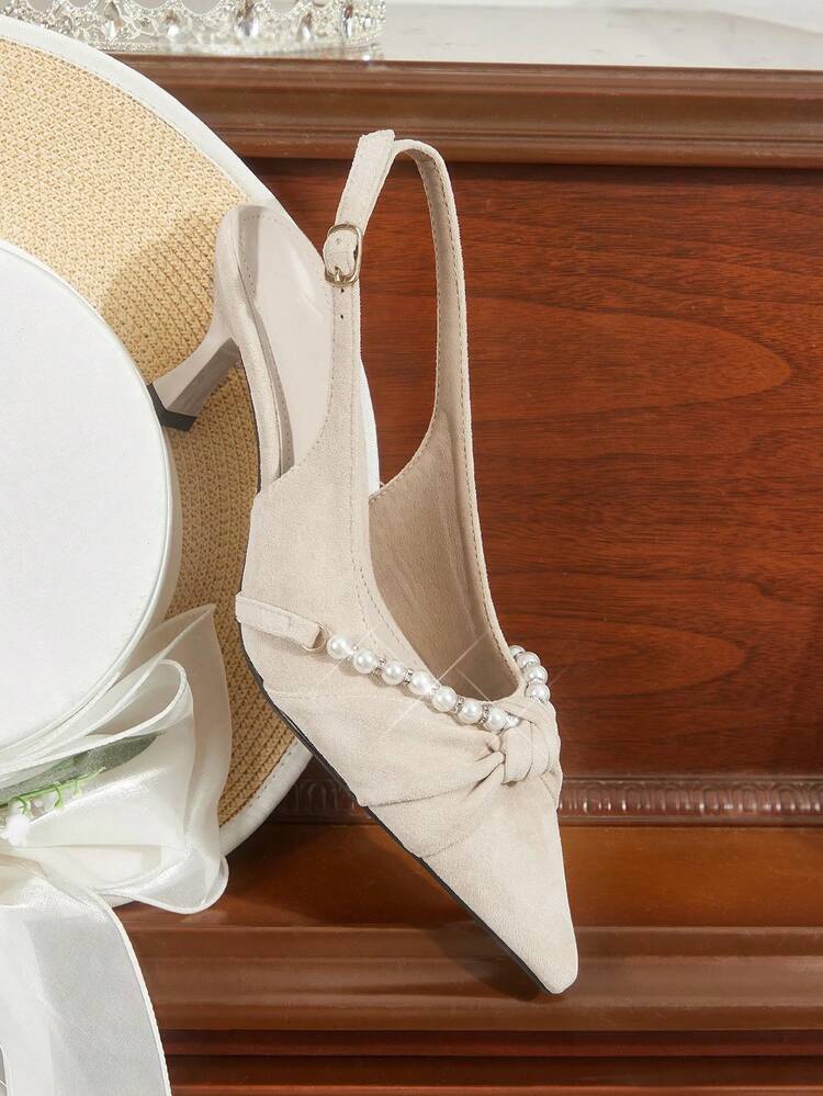 CUCCOO HITCHD Women's Simple Pointed Toe Faux Pearl Decor Casual Heels For Christmas Wedding Shoes Spring Shoes Bride Shoes