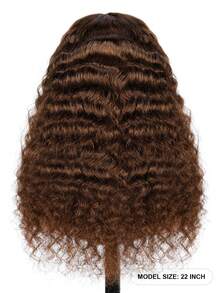 巧克力棕色深波浪卷发真人发假发，4x4蕾丝闭合假发，180%密度，巴西深卷透明蕾丝前额假发，真人发，预先拔毛，带婴儿发，无需胶水，女士假发 - S4 - 查看 3