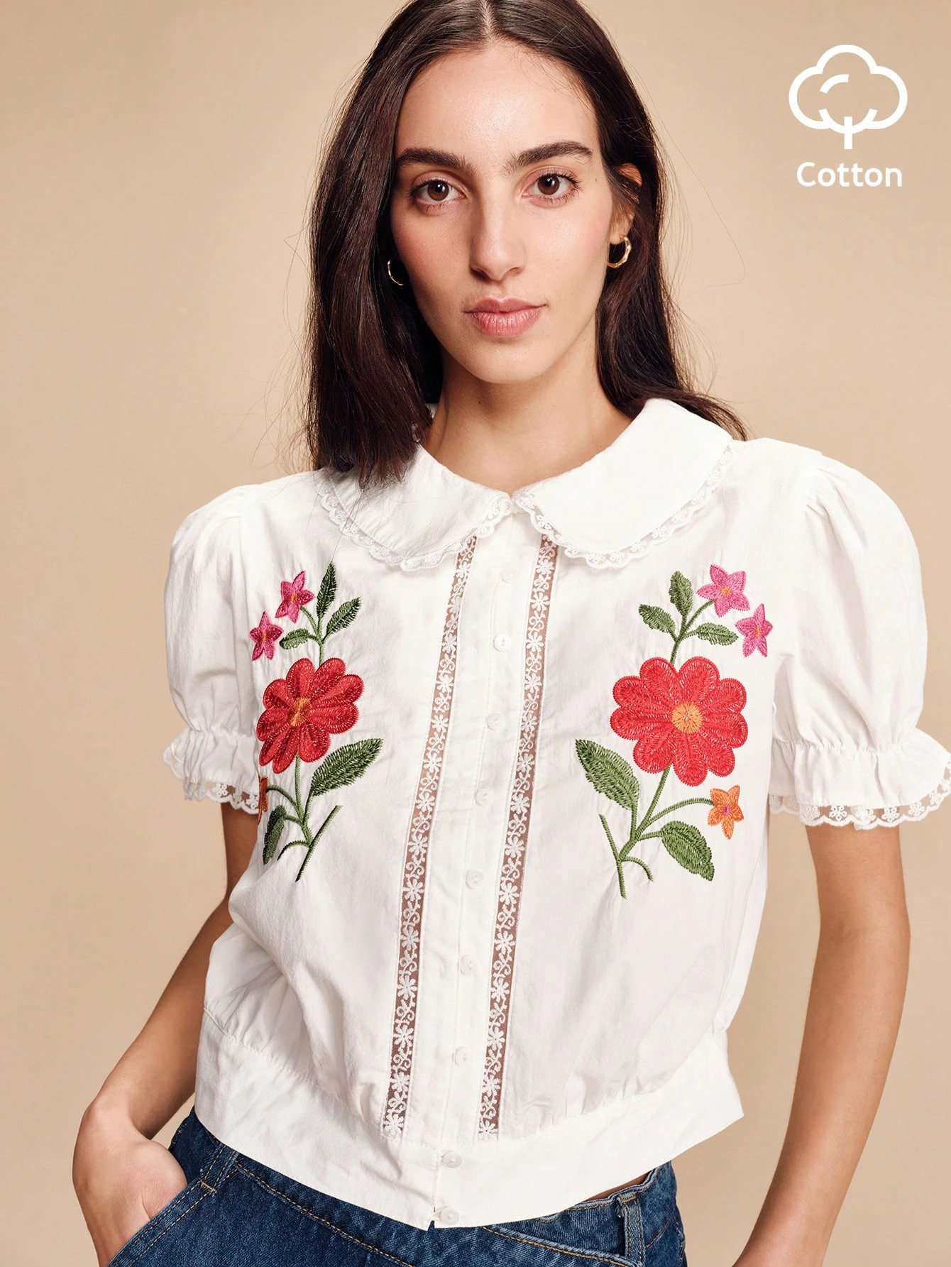 White Embroidered Puff Sleeve Cotton Blouse With Peter Pan Collar Floral Embroidery And Lace Trim Cute Vintage Spring Summer Top French Style Parisian Style Going Out Office Cotton Top