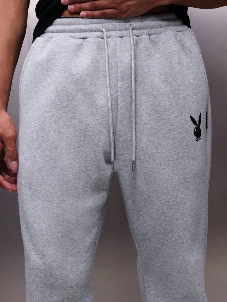 PLAYBOY X SUMWON Men's Relaxed Fit Sweatpants With Bunny Logo Print Casual Drawstring Pants Fall Winter Loungewear