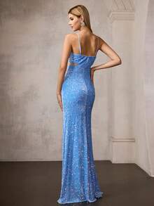 MOTF Soiréza 亮片撞色网纱鸡尾酒裙 - 藍色 - 查看 3