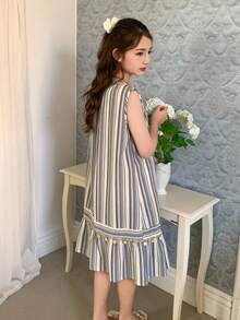 DAZY 女童条纹无袖圆领连衣裙，秋季穿搭 - 藍色 - 查看 2