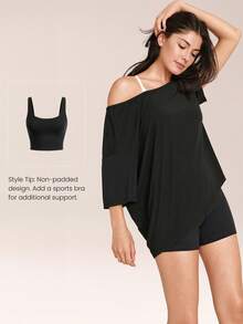 GLOWMODE 2 Pieces Tencel™ Modal 4.3''Asymmetric Relaxed Off-Shoulder Tee & 4.3" FeatherFit™ Buttery-Soft Crossover Biker Shorts Gym Cycling Running - Black - View 6
