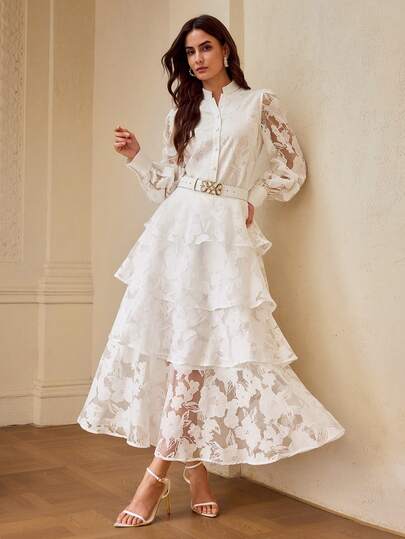 ZEYLAH Blusa elegante y cómoda de unicolor con mangas largas de encaje para mujer