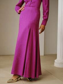 ZEYLAH 亚麻极简拼接A字中长裙，春夏款 - 玫紅色 - 查看 4