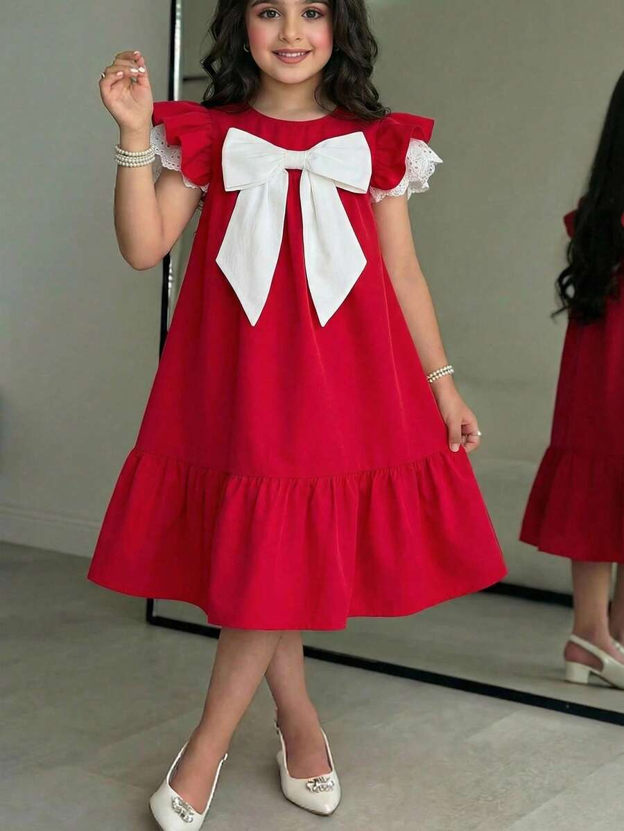 SHEIN Tween Girl White Contrast Bow Tie Cap Sleeve A-Line Casual Red Dress - Red - View 1