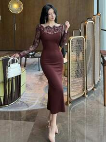 DAZY فستان نسائي متوسط الطول بتصميم ذيل حورية البحر مع تطريز الدانتيل، فساتين صيفية وربيعية للنساء - الأحمر - مشاهدة 6