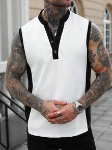 Manfinity Homme 加大码男士华夫格针织V领背心，舒适休闲，适合度假、聚会、外出、运动、办公等场合，经典日系风格，春夏流行款 - 黑與白 - 查看 5