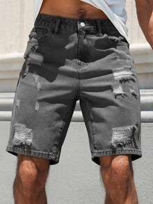 Manfinity Roughcore 男士休闲做旧直筒牛仔短裤，深灰色，春夏街头风 - 深灰色 - 查看 4