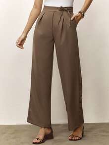 纯色系带前褶阔腿裤 - 米色 - 查看 4