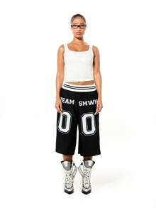 SUMWON WOMEN Black Graphic Jorts With Boxer Waistband Team Numbers Sports Inspired Wide Leg Knee Length Summer Casual Shorts, World Cup Sporty Game Streetwear - Black - View 3