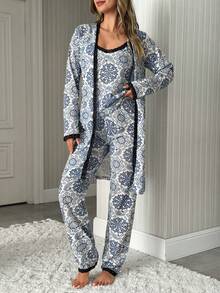 SHEIN Relax And Casual 3 Pieces Cottonline Pajama Set With Lace Detailed Cute Shawl Pattern - Blue and White - View 4