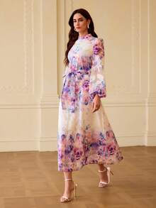 ZEYLAH Women's Elegant Hollow-Out Floral A-Line Waist Cinched Dress - Multicolor - View 6